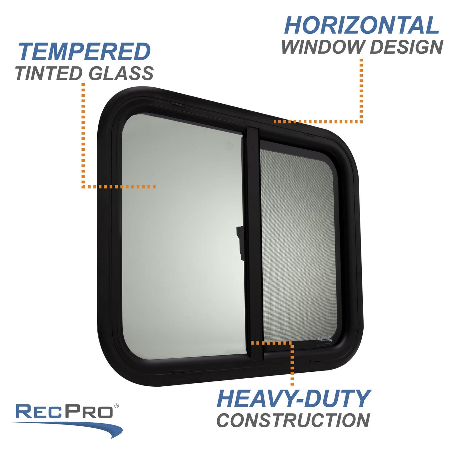 RecPro RV Window Replacement, Teardrop Style, Horizontal Sliding, 24inW x 20inH, Black, Model RP-WIN, Made in USA
