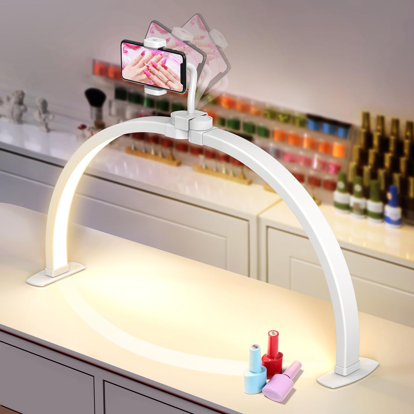 Yokilly Half Moon Nail Desk Lamp with Phone Holder, 23in, Aluminum, 3 Color Modes, 10 Brightness Levels, Small, White