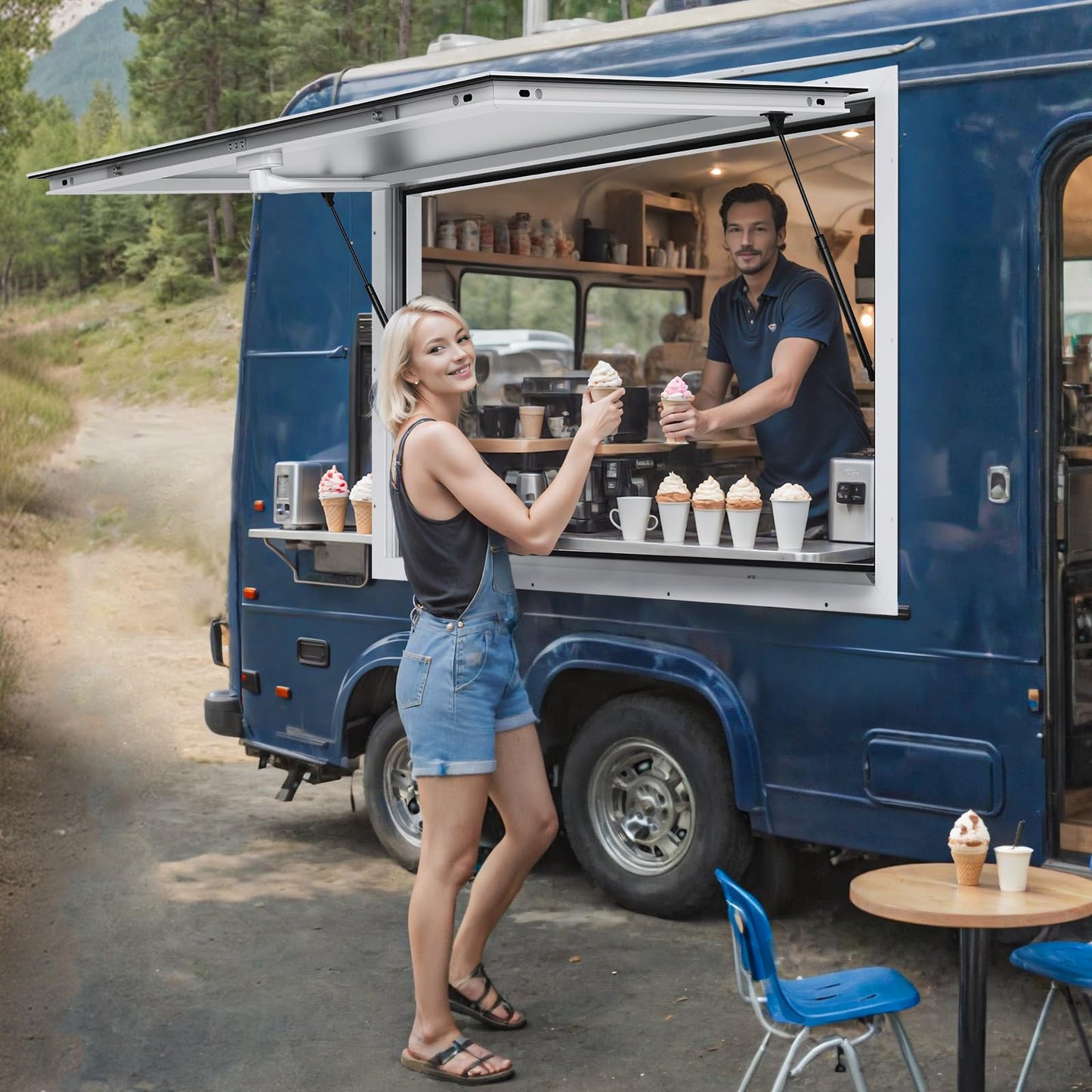 VEVOR Concession Window for Food Truck, 48 x 36 Inch, Silver, Double-Point Fork Lock, Awning Door Up to 85 Degrees, Glass Not Included