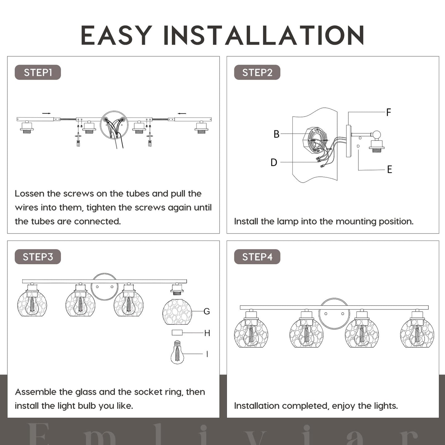 Emliviar 4-Light Vanity Lighting, 32.6in Water Ripple Globe Glass, Oil Rubbed Bronze Finish, Model YE295B