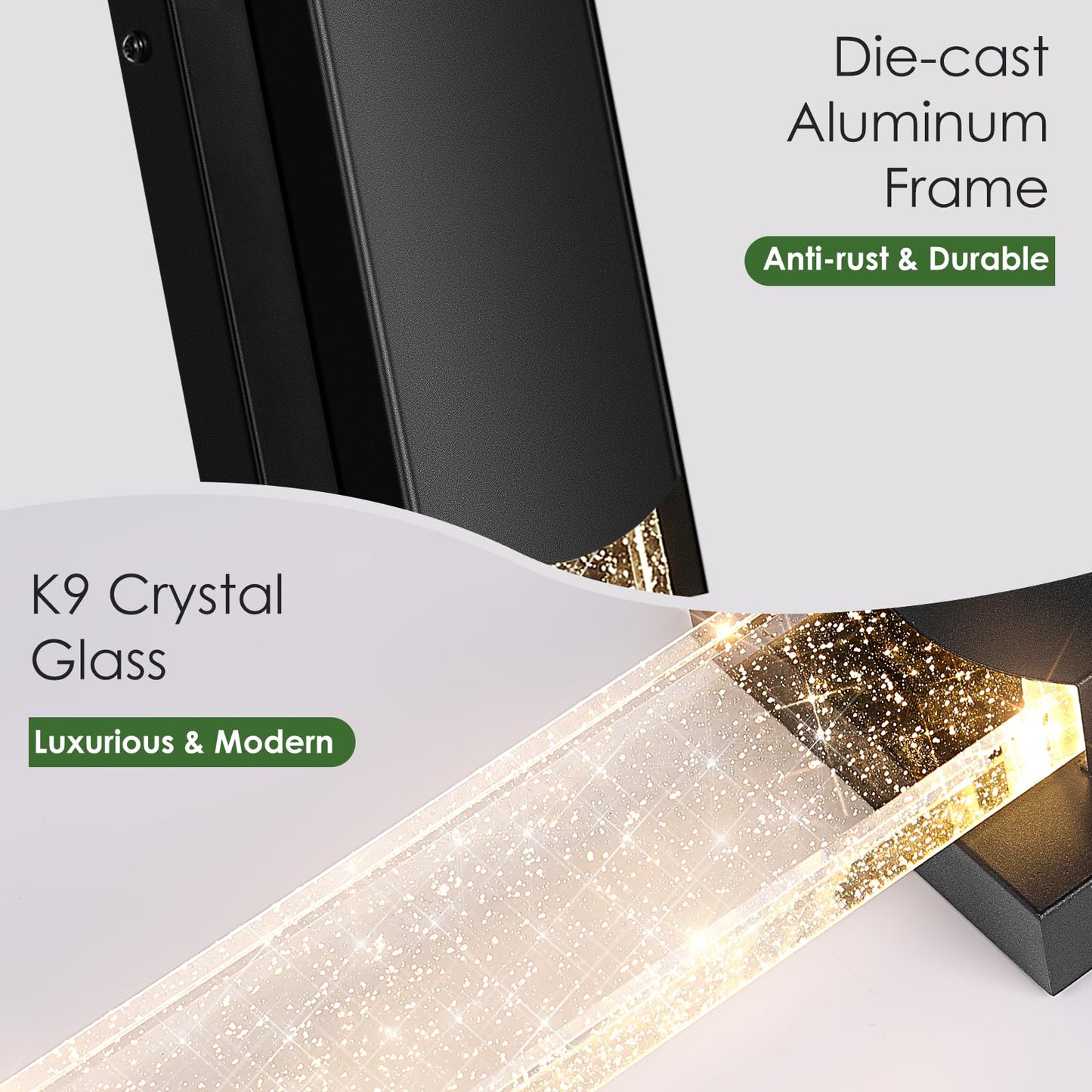 BesLowe Outdoor Wall Light Fixture, 35.3in Waterproof LED Lantern, Black Aluminum, Model B04059L, Crystal Bubble Glass