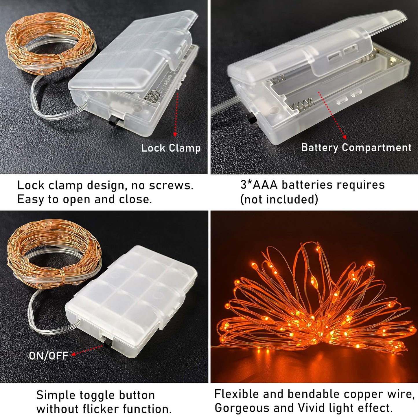 RUICHEN 16 Ft Copper Wire LED Fairy String Lights, 50 Lights, Battery Operated, 2 Pack, Orange, Model TB-5M50L