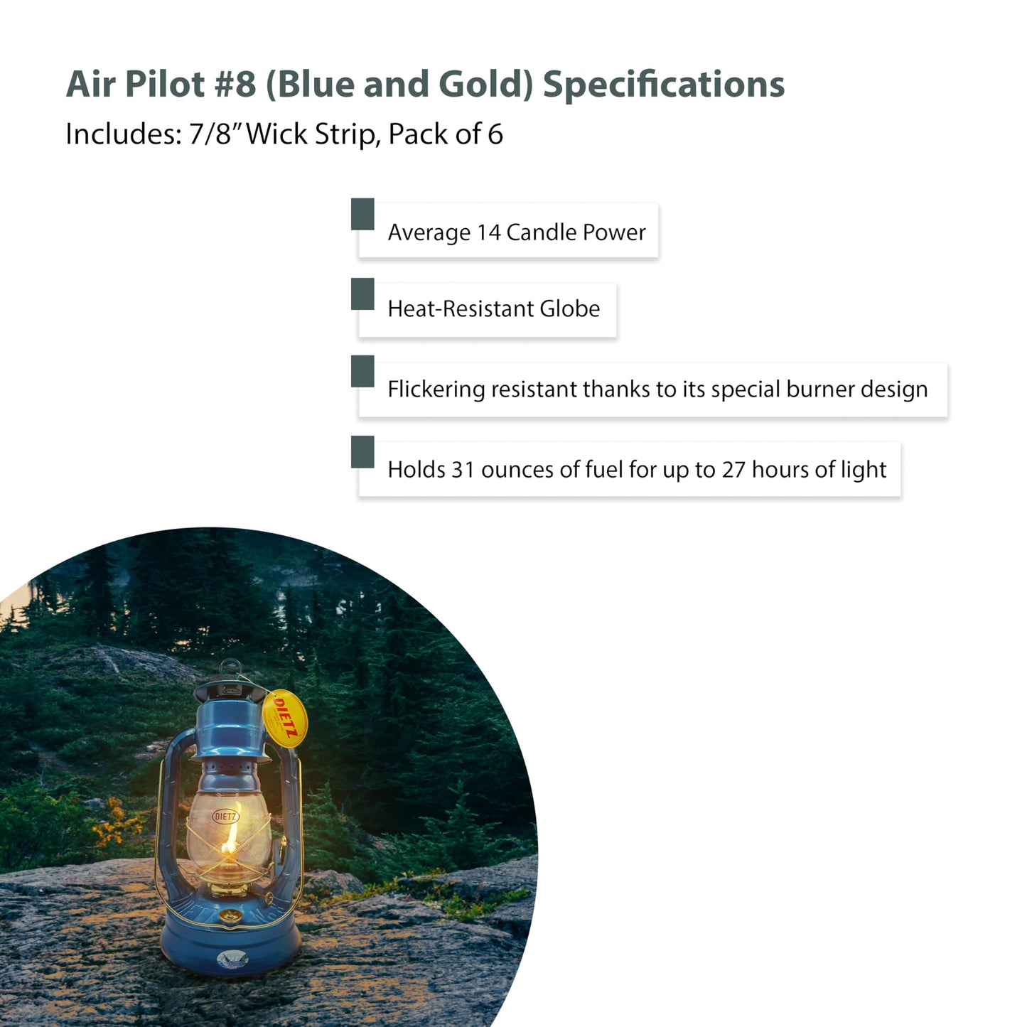 LIGHT OF MINE Oil Lantern - Dietz #08 Air Pilot, Metal, Blue with Gold Trim, Includes 7/8in Replacement Wick Strips