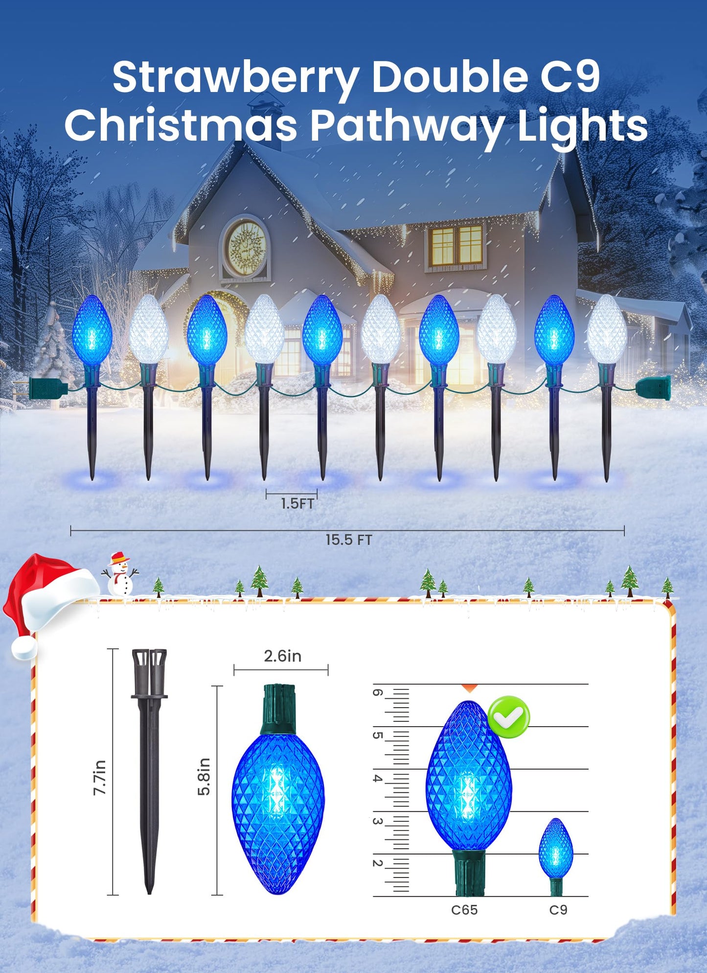 Minetom Christmas Pathway Lights - 2 Pack 13.5Ft C9 LED with 10 Stakes, Blue & Cool White, Waterproof, Model GY-C-50.6-U-B