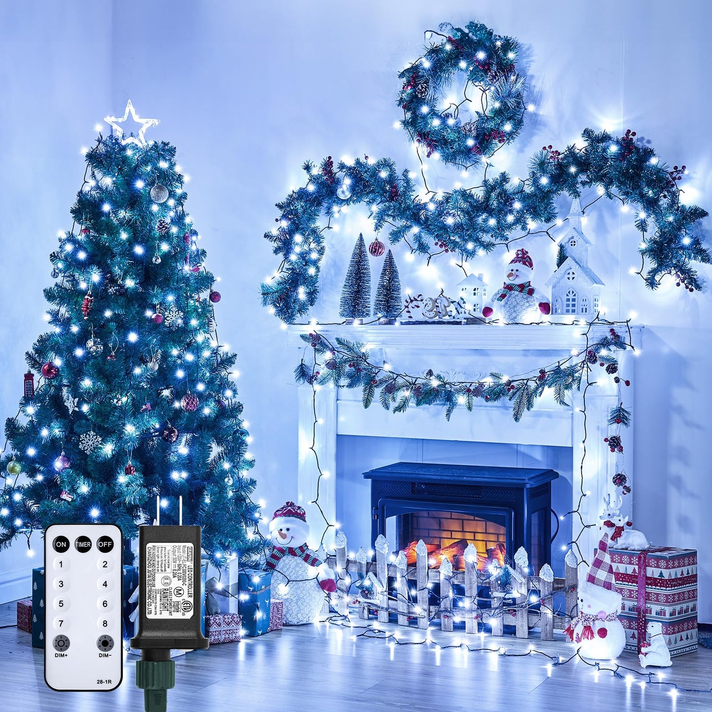 Minetom 1000 LED Christmas Tree Lights, 328 Ft, Cool White, Waterproof, 8 Modes, Remote Control, Green Wire